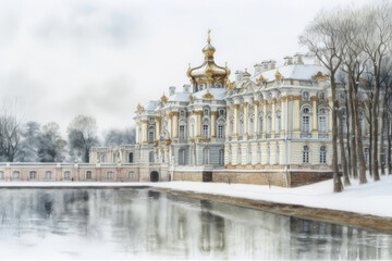 Obraz premium Watercolor illustration of a magnificent palace complex in a winter landscape. 