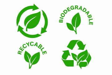 Biodegradable and recyclable vector icon set. Green leaf and arrow symbols for eco-friendly organic bio labels and product package stamps. Sustainable conservation concept.