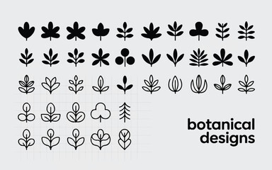 Vector collection of minimalist botanical icons, diverse leaf silhouettes and plant line art shapes