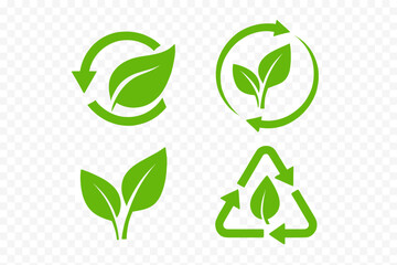 Biodegradable recyclable icon set. Eco friendly green leaf labels for package. Organic bio product stamps. Sustainable compostable material vector symbol. Natural ecology logo.