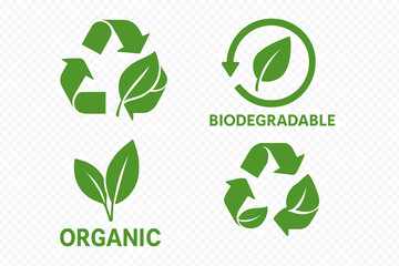 Set of green icons for packaging. Biodegradable, recyclable, and organic symbols. Eco-friendly bio labels with leaf and arrow. Vector stamps for sustainable products.