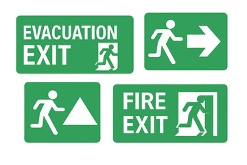Emergency fire exit green sign set. Evacuation route and safe area direction icons. Running man pictogram. Public information safety symbol collection for wayfinding.