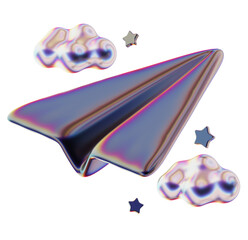 Iridescent holographic paper airplane soaring through dreamy clouds and stars.