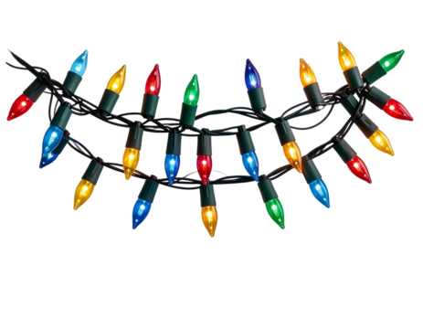 String of Multicolor Christmas Lights Curved in a Loop, Transparent Background