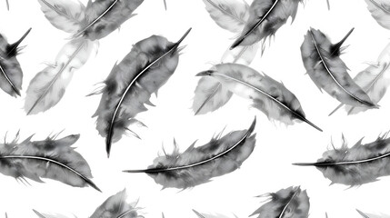 Watercolor seamless pattern. Monochrome gray black bird feathers with granulation of shades, ornaments Quills wings drawing illustration Wallpaper wrapping fabric Isolated light coloured background