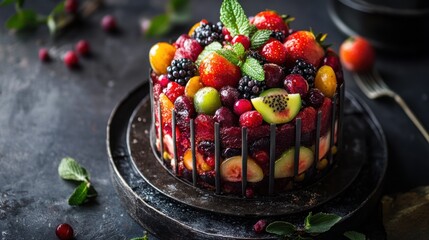 Naklejka premium Elaborate fruit cake with assorted colorful berries and mint leaves on a metal stand