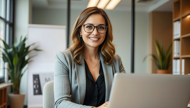 Portrait of confident business woman working on laptop in office professional headshot concept 96