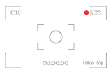 Camera viewfinder recording screen for photo and video. Digital display interface with REC icon, focus frame, timer and battery indicator. Modern vector UI overlay.