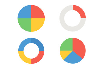 Pie chart and donut chart set for infographics. Colorful segmented circle diagrams for data visualization, business reports, and presentations. Vector graph elements.