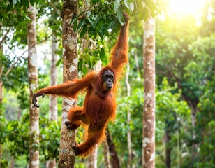 Naklejka premium With arms wide, the orangutan skillfully balances between two trees in its natural rainforest habitat