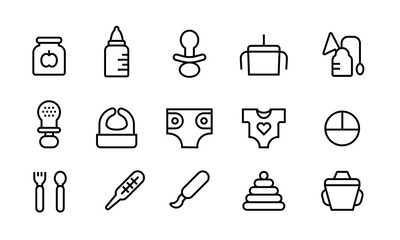 Set of line icons with editable stroke, baby feeding and care tools.