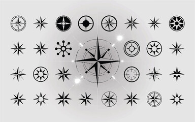 A set of various nautical compass and navigation star icons for marine and travel themes.