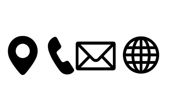 Contact us icons set. Location, phone, email, website symbols. Communication icon collection for business card and web design. Vector glyph pictograms on white background.