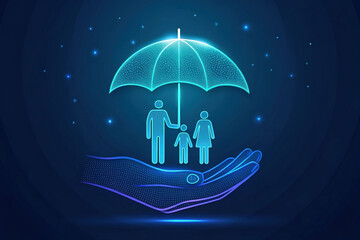 Digital Protection Concept Hand Holding an Umbrella Shielding a Family Abstract Illustration on Blue