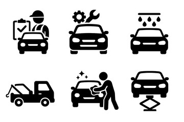 Car service icon set. Auto repair, mechanic inspection, car wash, detailing, tow truck, and vehicle maintenance on lift. Automotive garage vector pictogram collection for web.