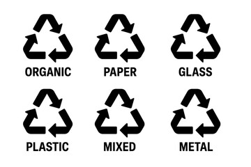 Obraz premium Recycle symbols for waste sorting. Icons for organic, paper, glass, plastic, metal, mixed garbage. Environmental protection, sustainability, ecology vector sign set.