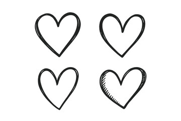 Set of hand-drawn heart icons. Love symbol collection for Valentine's Day. Doodle sketch style vector illustration. Isolated black graphic design elements for romance.