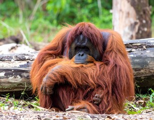 A large male orangutan sits on the forest floor with arms crossed, appearing calm and contemplative