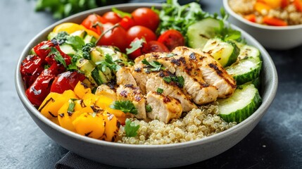 Vibrant buddha bowl showcasing grilled chicken, quinoa, and fresh vegetables