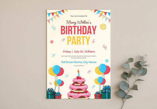 Colorful&nbsp;Birthday Party Invitation with Cake and Balloons Illustration