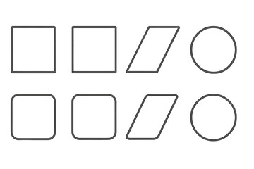 Geometric shapes icon set. Basic minimal line art collection with square, rectangle, circle, and parallelogram. Sharp and rounded corner versions. Vector illustration.