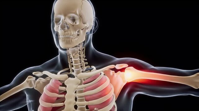3D anatomical illustration of a painful shoulder joint, highlighting the skeletal structure and affected area.