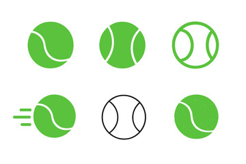 Tennis ball icon set. Vector collection of green sports equipment symbols. Flat, outline, and textured graphic design elements for logo or web. Isolated on white.