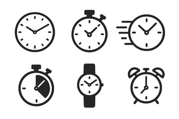 Time and clock icon set. Stopwatch, timer, and alarm clock symbols. Fast time, deadline, and speed concept. Time management and schedule vector graphic elements collection.