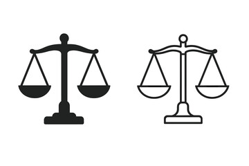 Scales of justice icon set. Law and legal symbol. Balance, weight, and judgment concept. Vector silhouette and outline illustration isolated on white background.