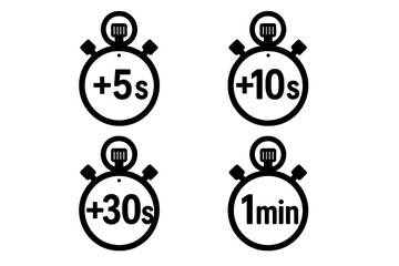 Stopwatch timer icon set for time intervals. Plus 5, 10, 30 seconds and 1 minute signs. Simple black vector illustration for sport, game UI or countdown.