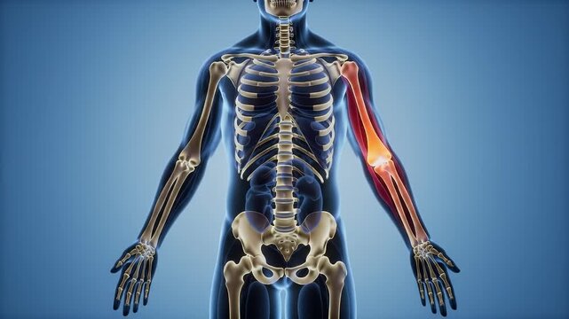 Human anatomy illustration highlighting forearm and elbow joint pain.