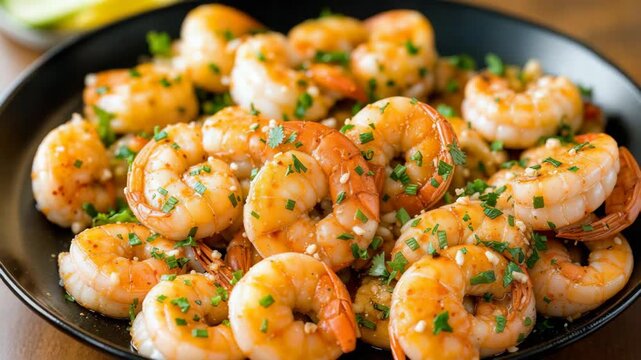 Close up of delicious cooked shrimps seasoned with garlic and chopped chives.
