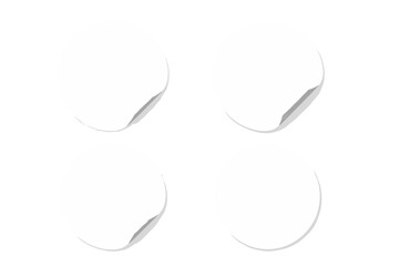 Realistic white round paper adhesive sticker mockup with peeling corner. Blank circle label tag template set isolated on white background for branding and design.