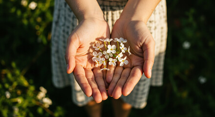A young person holds delicate white flowers in their cupped hands, presenting them against a blurred green background.