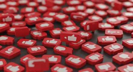 Red Thumbs Up Icons Spread Out on Dark Surface in Social Media Concept