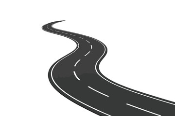 Winding road isolated on white. Curved asphalt highway in perspective. Metaphor for journey, path, travel, direction, future, progress, and business roadmap.