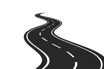Winding road isolated. Curved asphalt highway with marking in perspective. Bending road to horizon. Concept of journey, path, success, adventure, future, strategy.