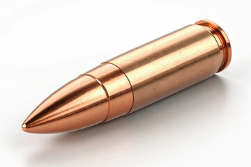 Fototapeta premium Close-Up of a Copper-Jacketed Bullet on a White Background for Ammunition and Firearm Concepts
