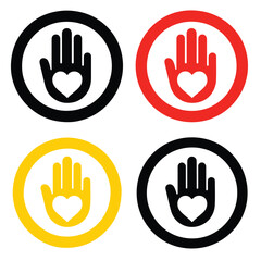 Obraz premium Four color variations of a hand and heart graphic.
