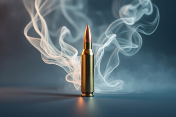 Upright Bullet with Smoke Against a Dark Gradient Background Emphasizing Precision and Power