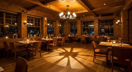 Warm Cozy Wooden Restaurant Interior with Elegant Lighting and Dining Tables at Night