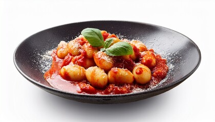 rustic gnocchi alla sorrentina italy regular view dark textured surface baked tomato sauce mozzarella basil perfect for food promotion and cooking content cut out on isolated white background
