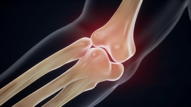 Anatomical illustration of a human elbow joint, showing bones and potential inflammation or pain points in a dark environment.