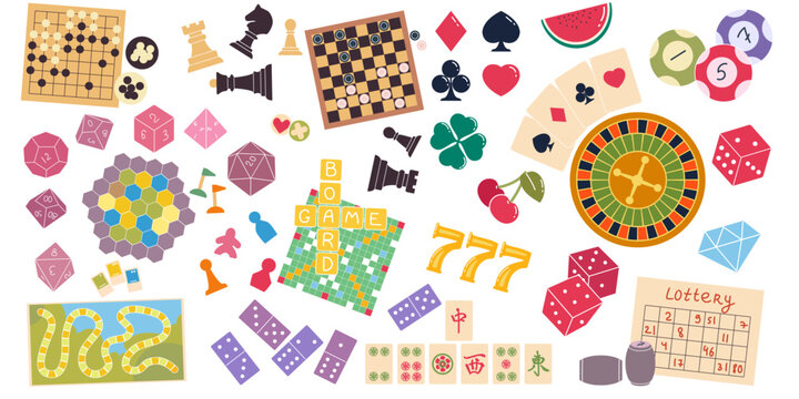 Board games. Casino lucky chips. Poker cards ace. Cartoon roulette dice. Family strategy play. Lotto table. Gambling entertainment. Domino and mahjong. Blackjack bet. Vector gamble hobby objects set