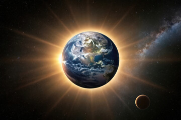 Fototapeta premium Earth Bathed in Sunlight with a Distant Moon Orbiting in the Vast Expanse of Space and Cosmic Wonder
