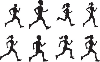 Jogging Family  Father, Mother, Son and Daughter Running Silhouette  Exercise Vector