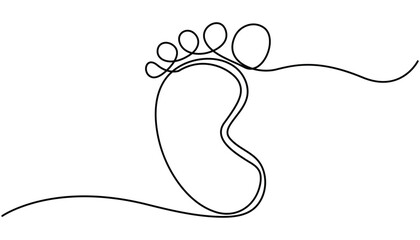 Baby foot barefoot heart icon continuous one line drawing, Kid feet graphic icon. Child bare feet sign isolated on white background. Concept of Wellness massage and Care about soft skin. 