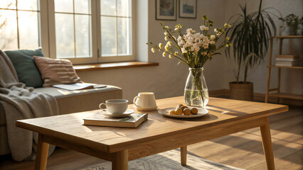 A cozy living room scene featuring a wooden coffee table with flowers and mugs in natural light