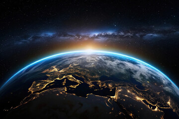 Fototapeta premium Earth from Space at Night with City Lights and a Glowing Horizon in a Starry Sky Illustration