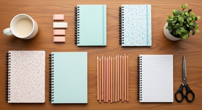 Overhead shot of notebooks pencils erasers scissors and a mug on a wooden surface neatly arranged